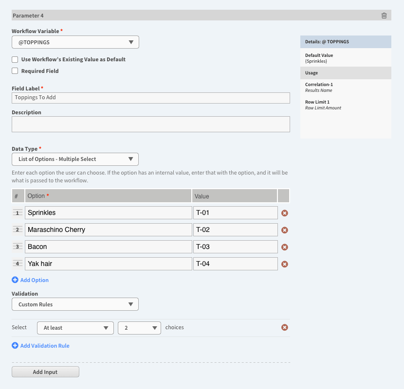 Multiselect input configuration